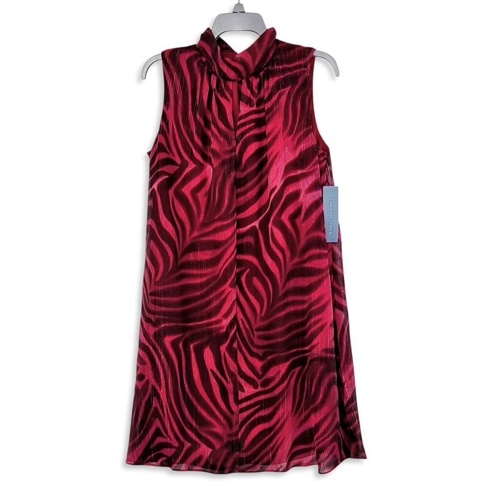New London Times Women's Tiger Print Mock Neck Bowtie Swing Mini Dress - Picture 4 of 9